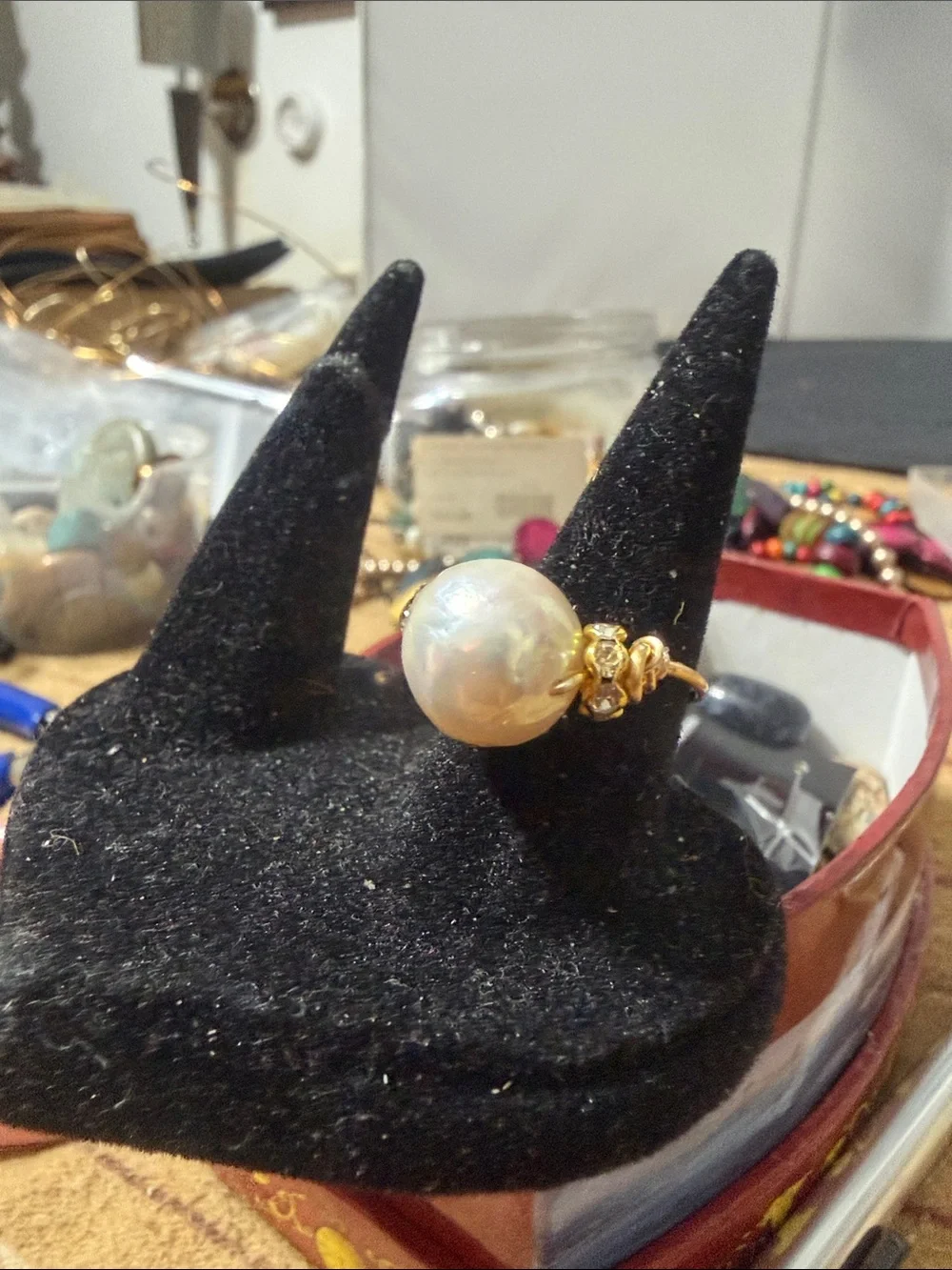 Gold Pearl Statement Ring - Elegant White Pearl Accent☑️